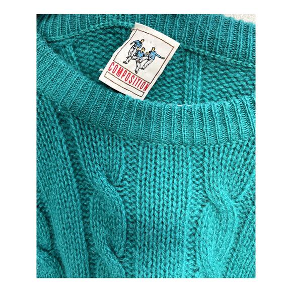 Vintage 100% Pure New Wool Cableknit Fisherman Sweater Turquoise Size L - Picture 3 of 3